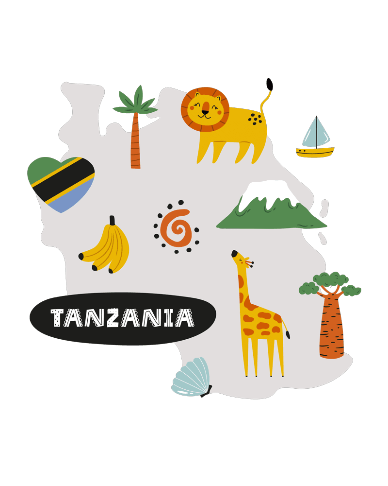 Illustrated map of Tanzania showing wildlife, Kilimanjaro and the national flag